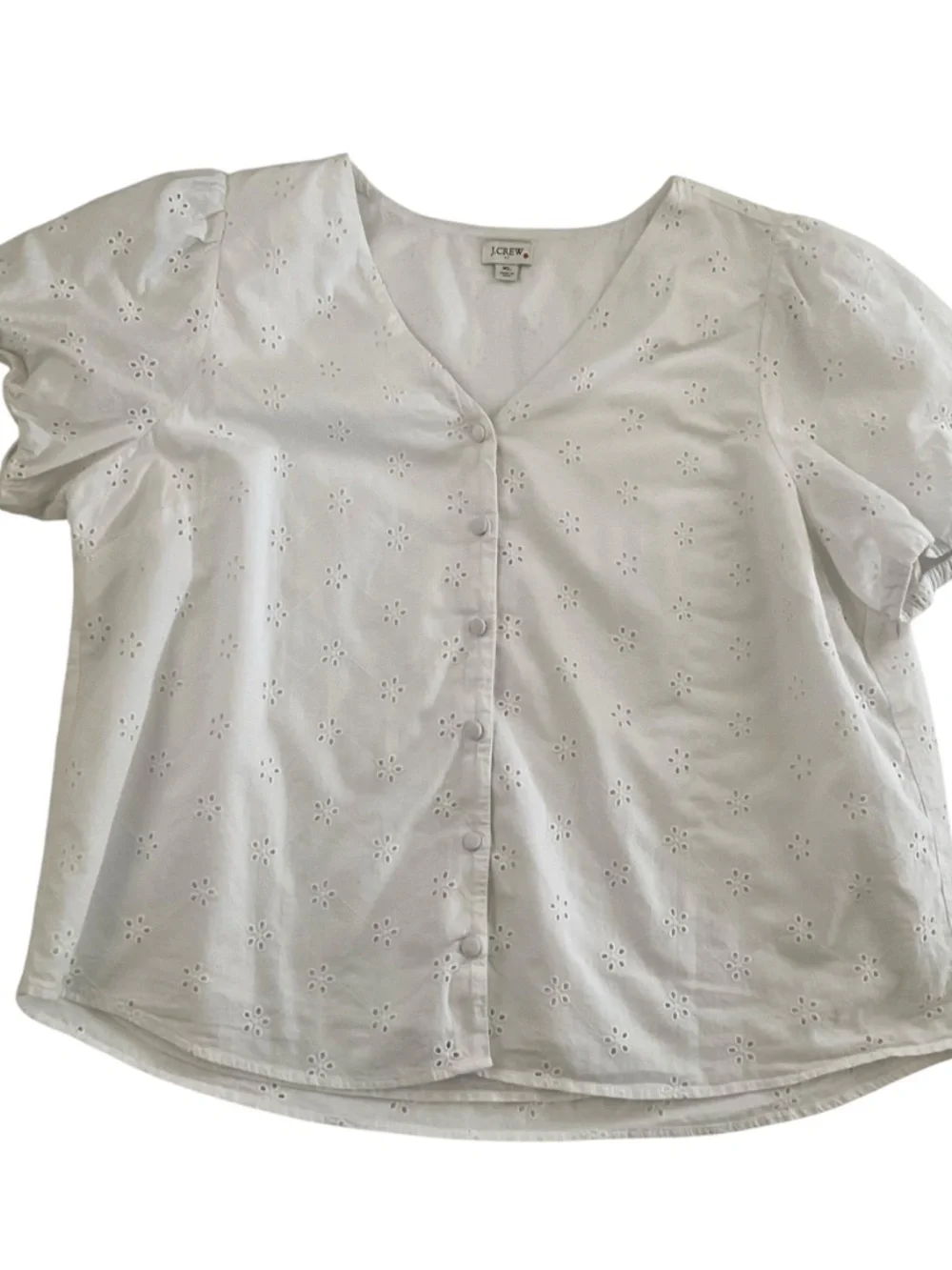 J.Crew Eyelet Blouse XL White Button Front Cottagecore Coastal Grandma Boho